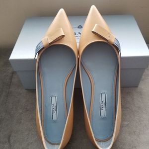 Auth Prada Logo Bow Flat Capretto Beige Leather 38